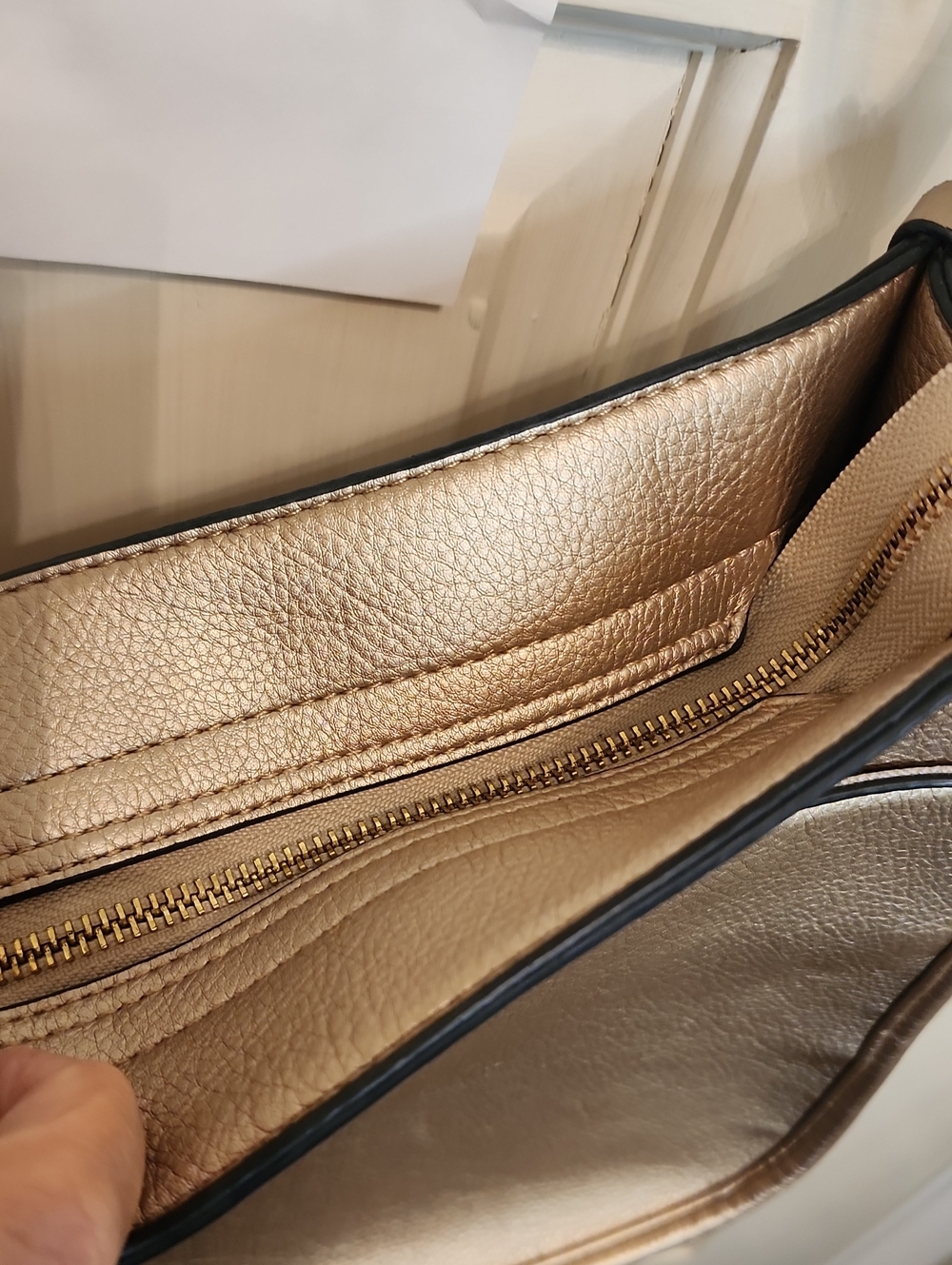 HKCLUF Metallic Gold Vegan Leather Crossbody Hobo Bag Adjustable Strap & Zippers - Picture 3 of 5
